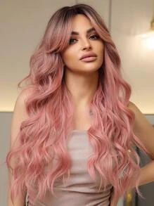 26 Inch Butterfly Haircut Pink Long Curly Wigs With Bangs