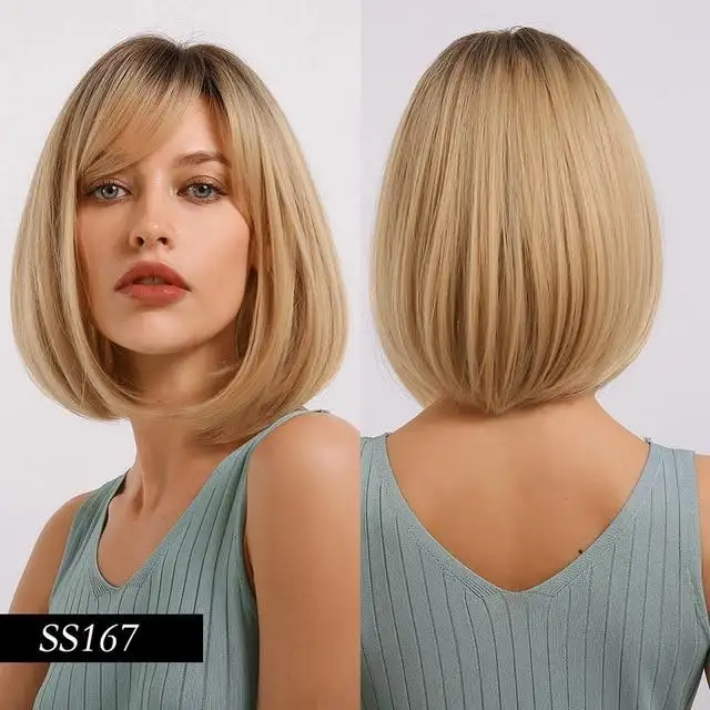 Alice Ombre Golden Blonde Bob Wigs with Side Bangs - Heat Resistant Fiber Wig