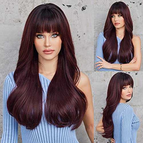 Auburn Ombre Wine Color Wigs with Bangs