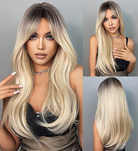 Blonde Wavy 22 Inch Hair Wig with Curtain Bangs