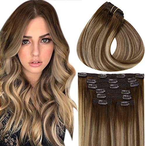 Clip in Balayage Chocolate Brown to Caramel Blonde and Brown Human  Hair Extensions