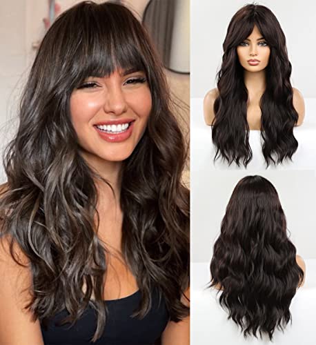 Dark Brown Wavy Wig with Blunt Bangs