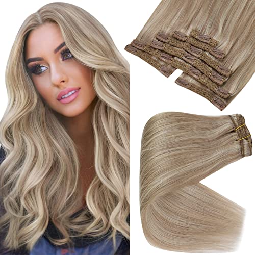 Double Weft Ash Blonde Mix Bleach Blonde Human Hair Clip on Hair Extensions