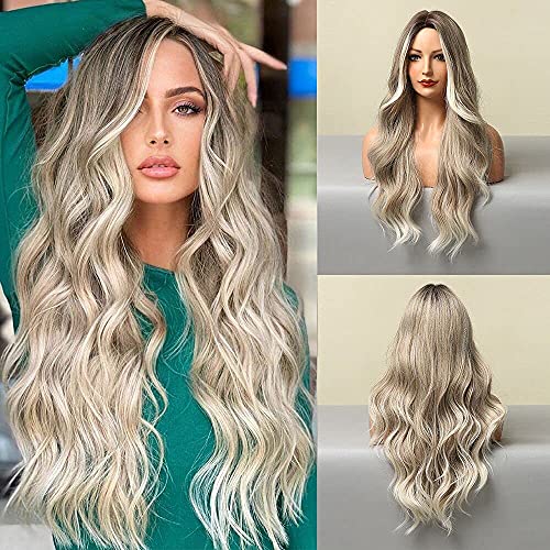 Extra Long 26 inch Wavy Ombre Blonde Wig with Dark Roots and Middle Part