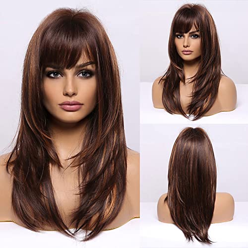 Highlighted Brown Wig with Bangs
