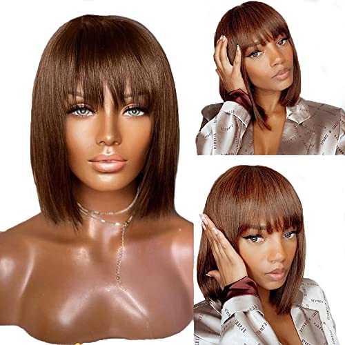 Human Hair Light Yaki Straight Bob Wig with Layered Bangs