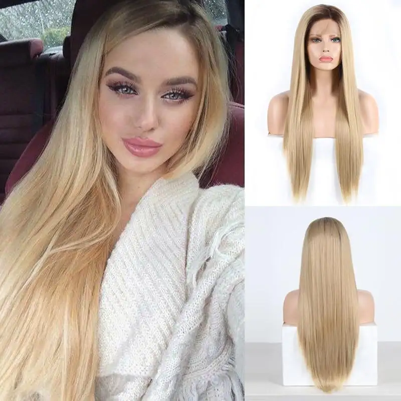 Janey Full Density Straight Hair Blonde Lace Front Wig with Dark Brown Roots