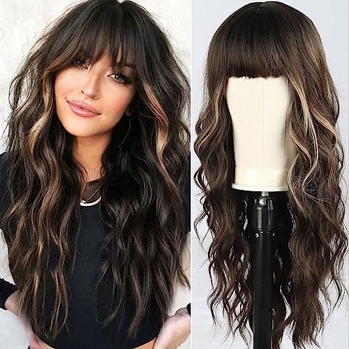 Wavy Dark Brown Synthetic Wig with bangs