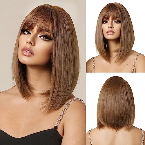 Light Golden Auburn Brown Bob Wig With Bangs