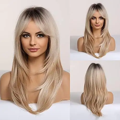 Long Blonde Layered Synthetic Hair Wig with Dark Roots