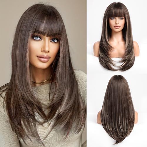 Long Dark Brown and Blonde Highlighted Wig
