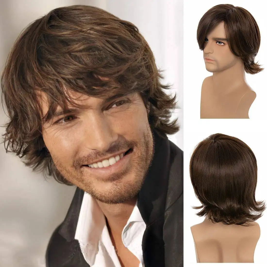 Long Layered Mens Synthetic Wig with full bangs