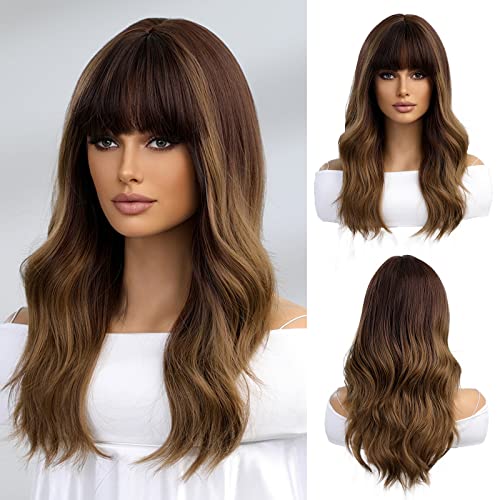 Long Ombre Brown Wigs with bangs and body wave texture
