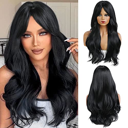 Long Wavy Black Wig With Bangs