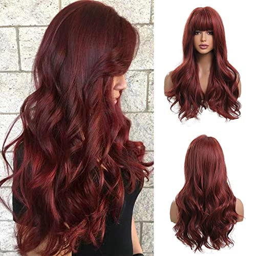 Long Wavy Burgundy Heat Resistant Wig with bangs