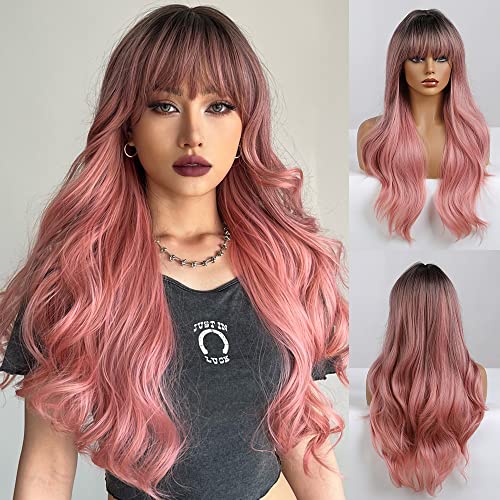 Long Wavy Ombre Pink wig with Bangs