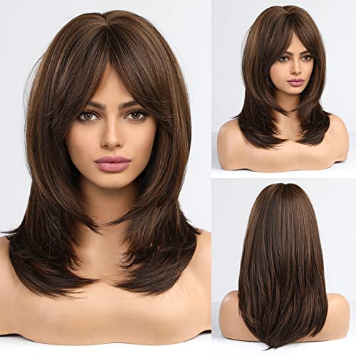 Medium length layered heat resistant wig with bangs