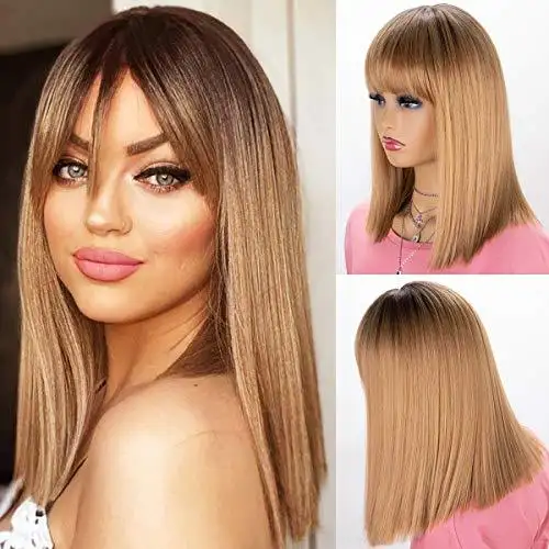 Mid Length Bob Ombre Blonde Wig with Dark Root