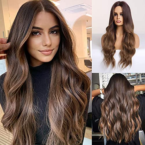 Middle Parting 26 inch Long Ombre Brown Hair Wig