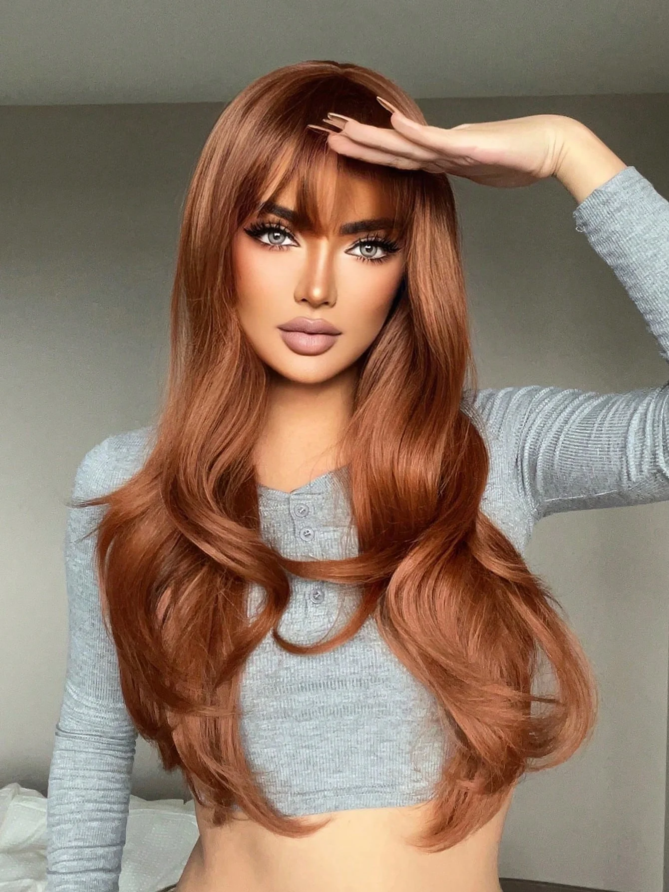 Red Long Curly Wig With Bangs
