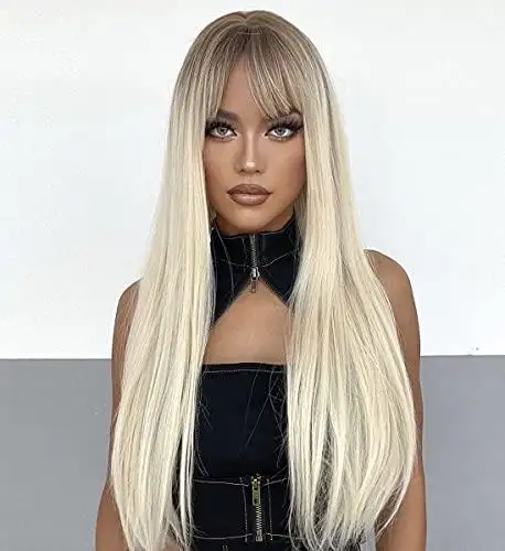 Shaded Platinum Blonde Wig with Bangs