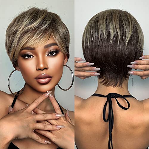 Short Pixe Cut Wig Ombre Blonde Brown