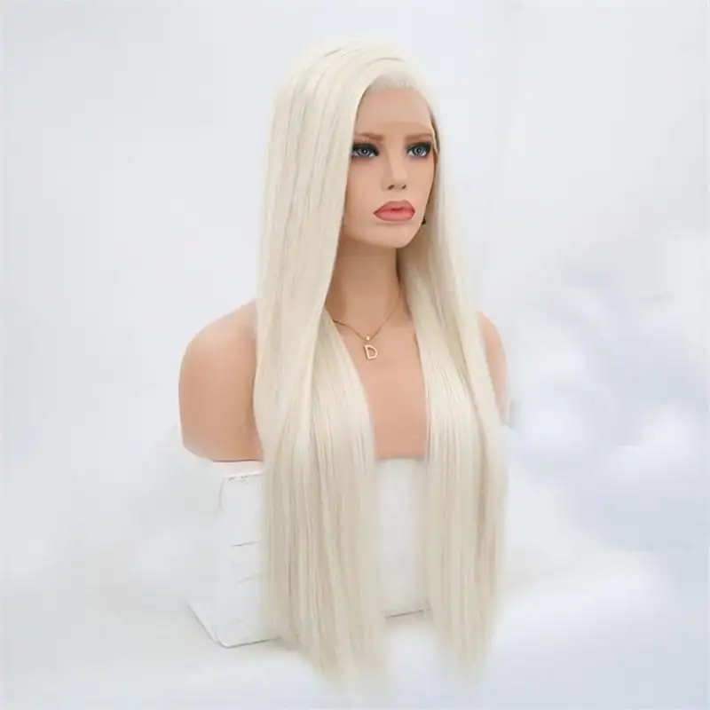 Summer Long Silky Straight White Blonde Synthetic Lace Front Wig