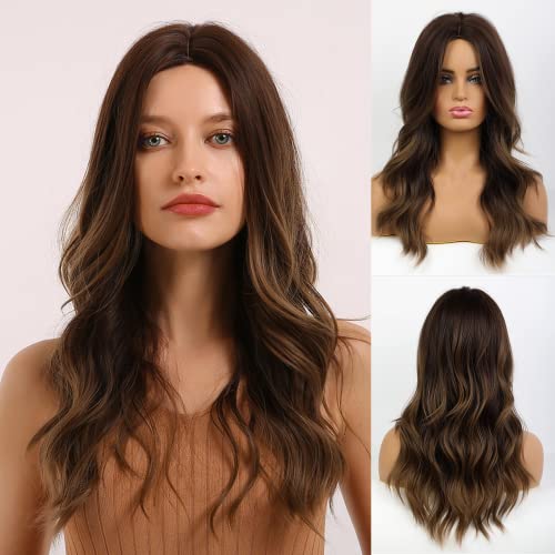 Synthetic wig with middle part and long layers