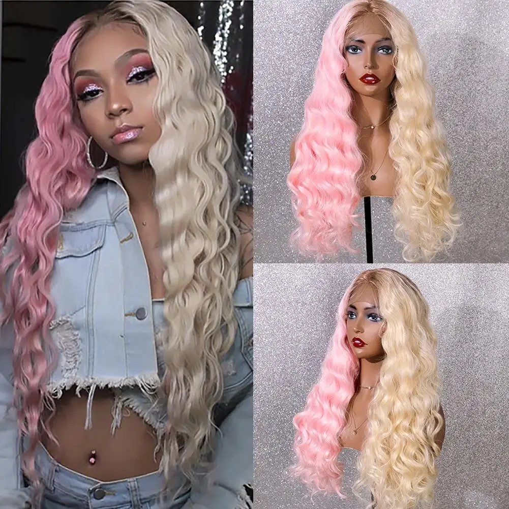 Wavy Half Pink Half Blonde Synthetic Lace Front Wig