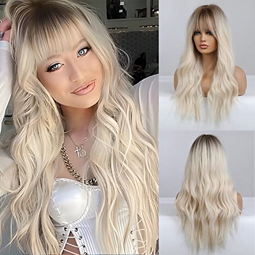 Wavy Ombre Blonde Wig with Dark Roots