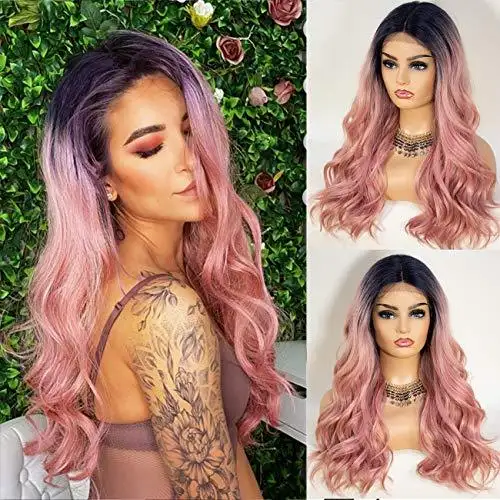 Wavy Pink Ombre Rooted Heat Friendly Wig with T Part Lace Front